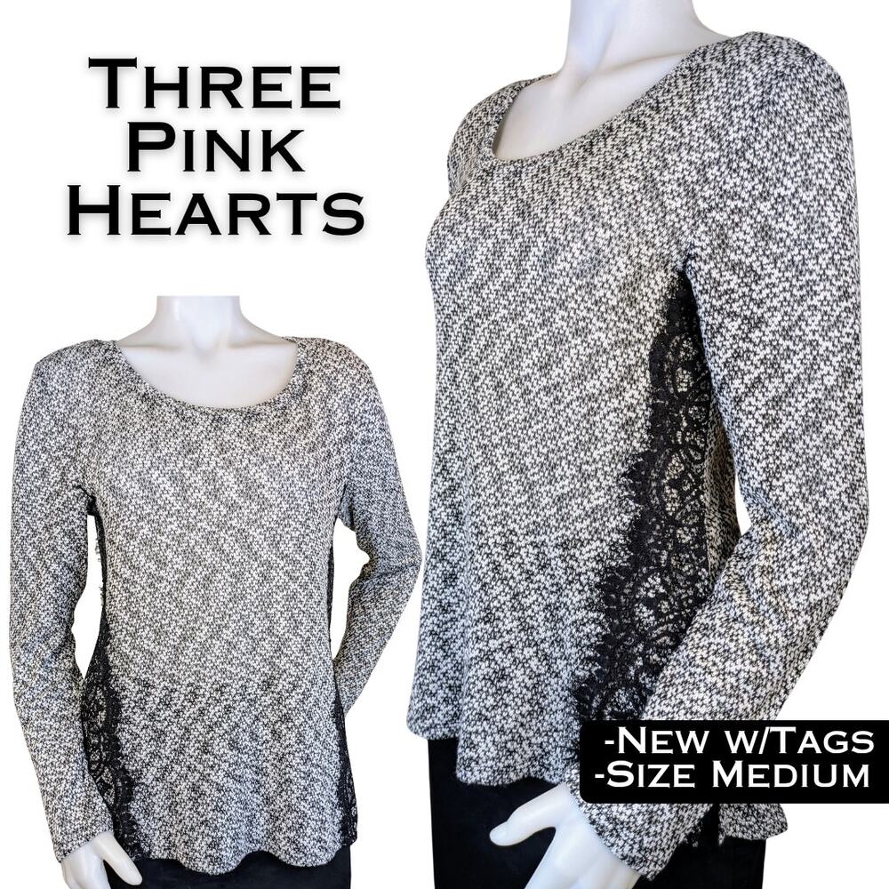 Three Pink Hearts Trixxi Top Medium Black White Marled High Low Lace Accents NEW